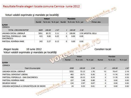 rezultate finale alegeri locale primaria consilieri comuna cernica 2012